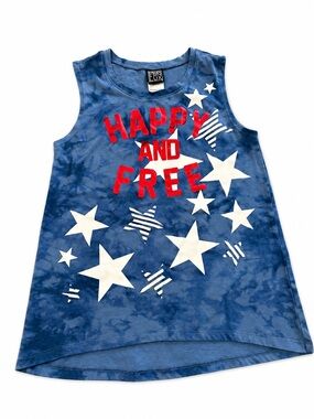 Girls Modern Lux “Happy and Free” Patriotic Tank Top USA Stars 4th of July Blue